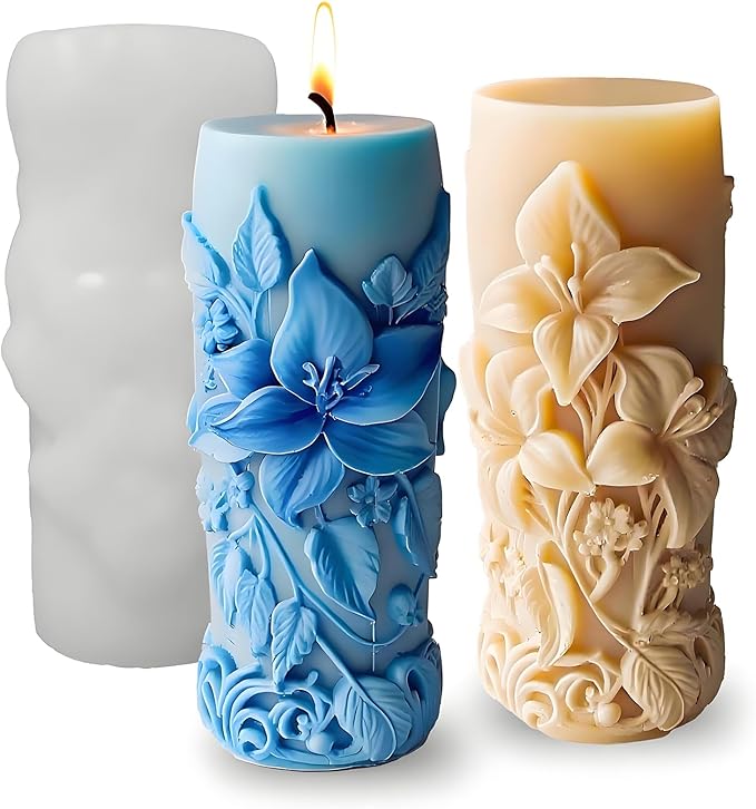 Elegant Lily Embossed Candle Molds for Candle Making, 3D Flower Silicone Molds for Candle Soap Wax Resin Clay, Blooming Lily Chocolate Cake Fondant Molds, DIY Floral Art Craft Wedding Decor