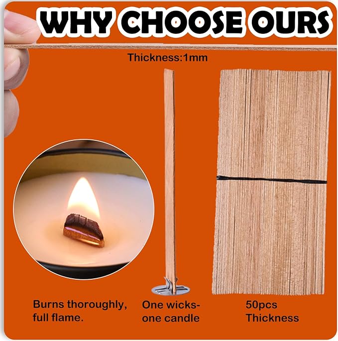 100pcs Thickened Wooden Candle Wicks Kit Include 50pcs 5.1 X 0.5 Inch Candle Making Wicks and 50pcs Metal Stand，Natural Smokeless Crackling Wood Wicks, DIY Candle Making Supplies for Beginners