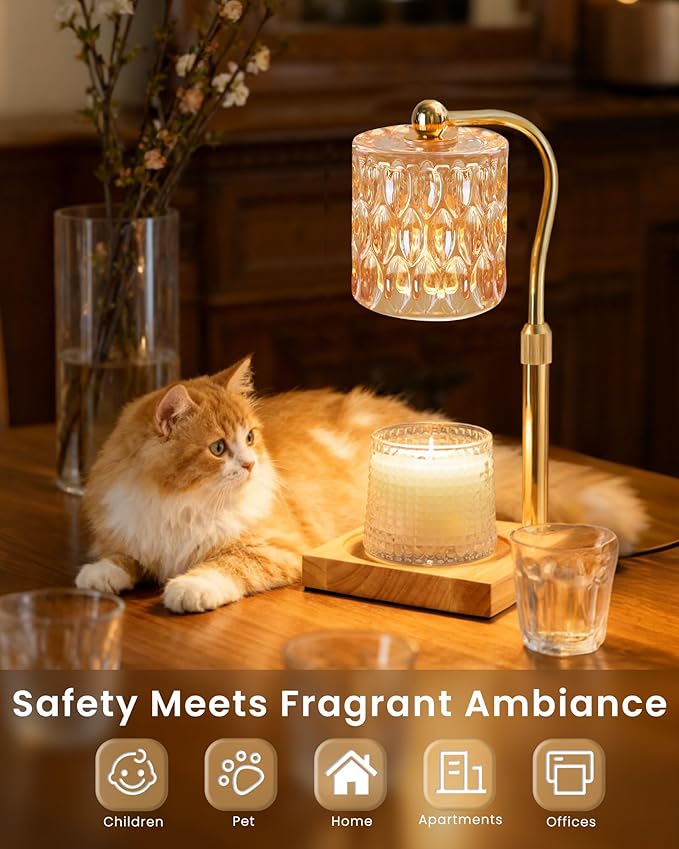 Candle Warmer Lamp Adjustable Height with Timer Dimmer, Dimmable Glass Wax Melt Warmer Light for Scented Jar, Present for Women Candle Lovers Christmas House Warming Home Decor Brithday, Amber