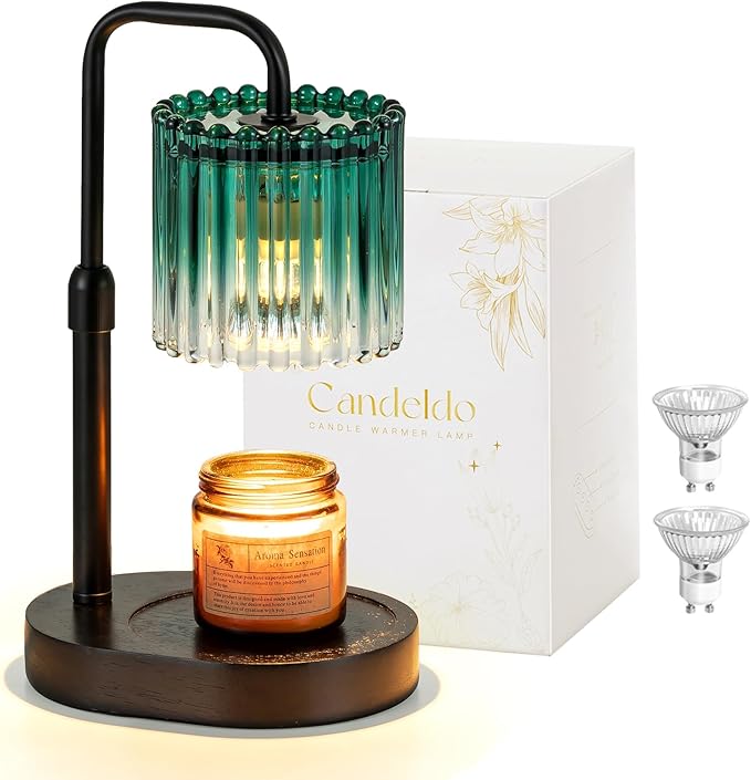 Candeldo Candle Warmer Lamp with Timer: Emerald Green Candle Warming Lamp with 2 Bulbs Height Adjustable Wax Melt Dimmable Bedroom Decor for Women