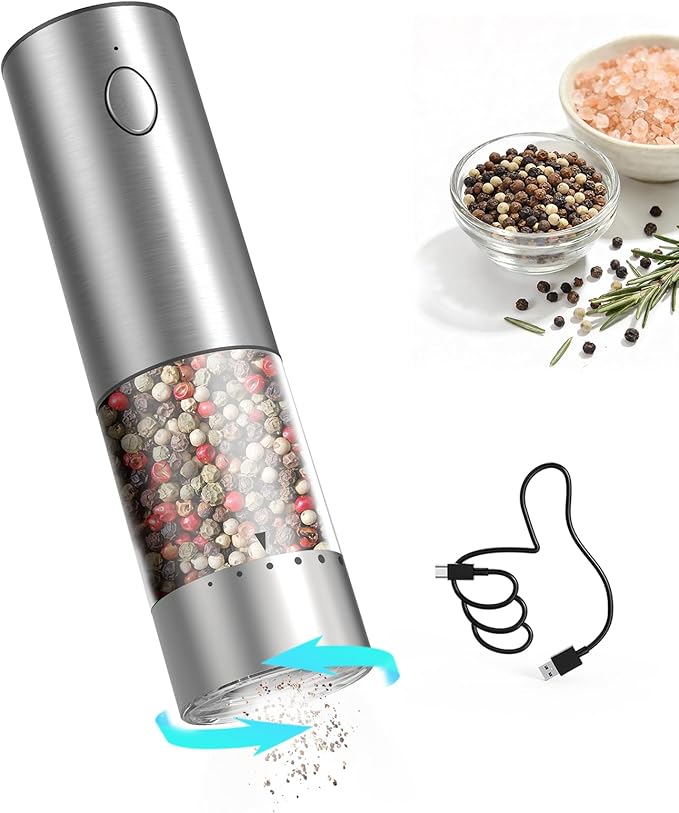 CIRCLE JOY Stainless Steel Electric Pepper Grinder, Rechargeable Pepper Mills with LED Light, 6-Level External Adjustable Coarseness for Easy Use, Silver, 1 Pcs