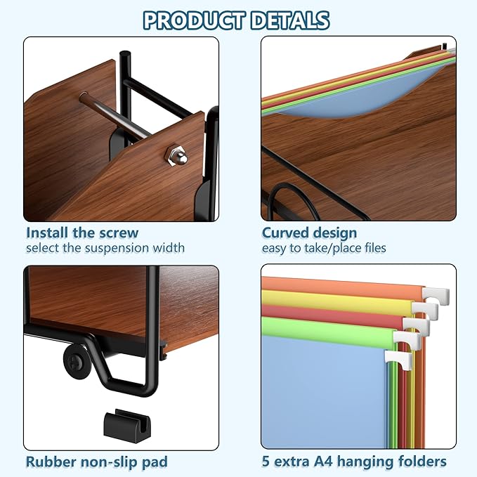 LUCYCAZ File Organizer for Desk - Paper Organizer, 4 Tier Wood Desk Organizer for Hanging File Folders Letter Size or A4 Size, Desktop File Organizer for Office School and Home, Black