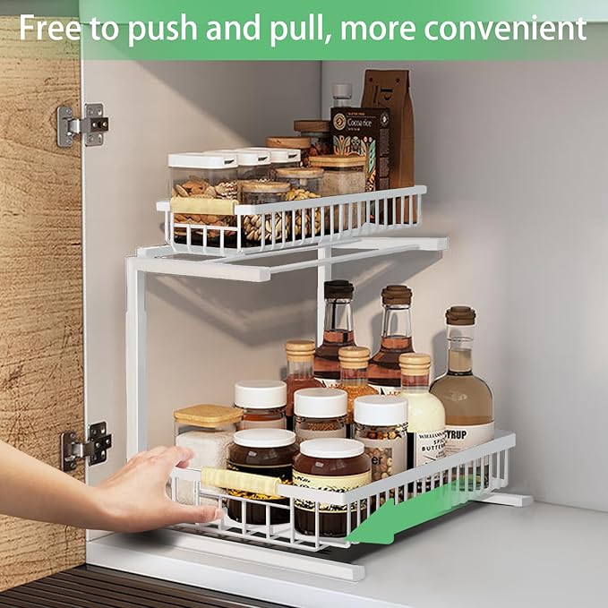 Under Sink Organizers,5 Adjustable Height，Metal Pull Out Under Sink Organizers and Storage Shelves with Sliding Drawer (White, 2 pack)