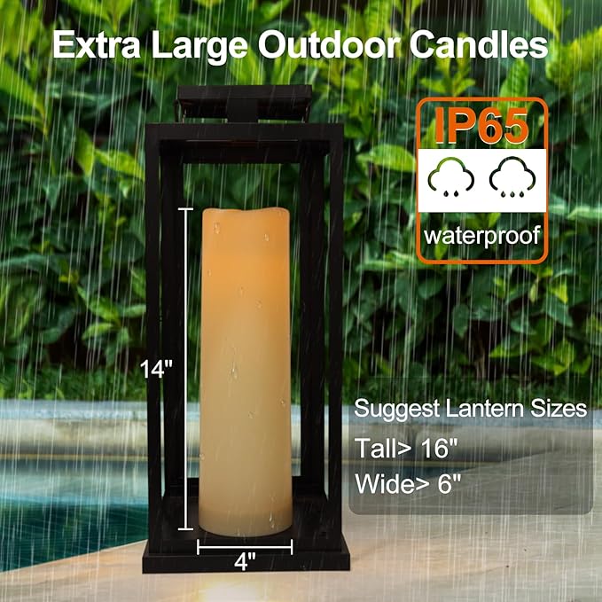 2 Pack Extra Large Outdoor Candles with Timer Waterproof, 14" x 4" Flickering Flameless Candles Battery Operated with Remote, Tall LED Pillar Candle for Outdoor Lantern, Patio, Porch, Ivory