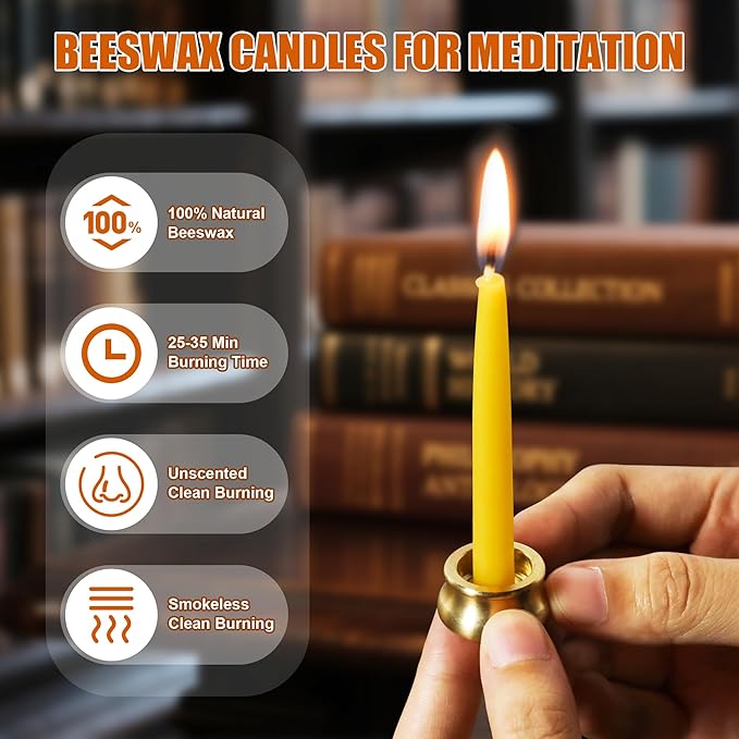 40 PCS 30 Minute Beeswax Taper Candles Natural Smokeless Mini Pure Beeswax Candles with Brass Candle Holders for Home Meditation Prayer