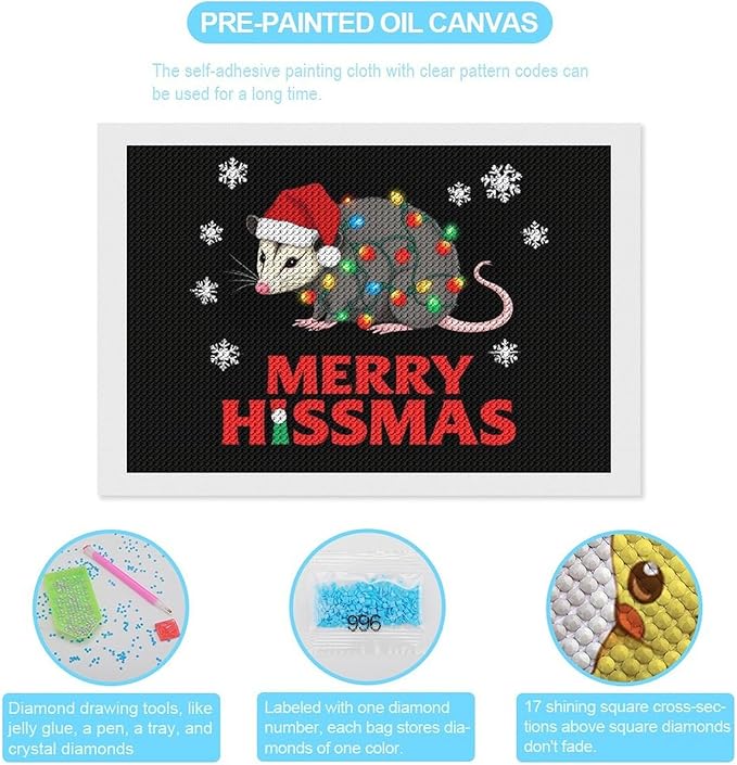 AIVKIEJK Diamond Painting Kits for Adults - Christmas Possum Merry Hissmas Painting DIY 5D Full Drill Diamond Dots Paintings with Diamonds Gem Art and Crafts Home Decor 8"x12"