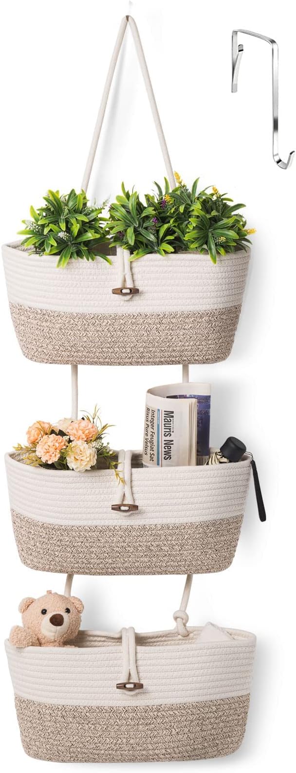 Over the Door Basket Cotton Rope Organizer, 3-Tier Wall Hanging Storage Basket, Closet Organizing, Decorative Baskets for Organizing Living Room—14.5“x7 (Apricot)