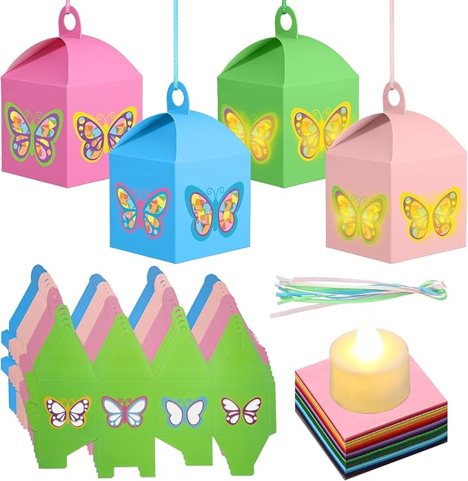 Simgoing 12 Sets Butterfly Crafts with LED Lights Butterfly Tissue Paper Crafts Kits DIY Hanging Suncatchers Lanterns Kits for Window Decor Spring Party Favor Art Activities