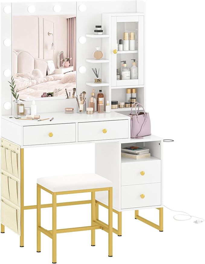 YIKEHOME Makeup Vanity Desk with Mirror and 10 Lights, 3-Colour Hollywood Brighter Bulbs, Vanity Table Set with Large Drawers and and Charging Station for Bedroom Dressing Room White