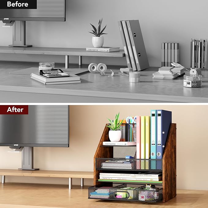 Homsorout Wooden Desk Organizer - Mesh File Organizer with Drawers and Pen Holder - 4-Tier Vertical Paper Letter Storage Tray, Desktop Organizers and Accessories for Home Office