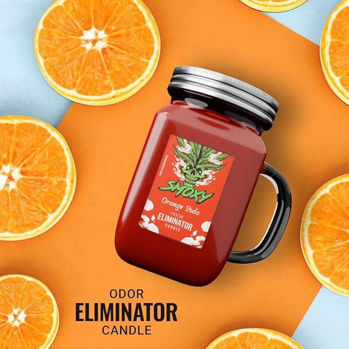 Smoxy Smoke Odor Eliminator Candle - Scented Candle for Home - Indoor Space Deodorizer & Air Freshener with Fragrance Pet Smell - Natural Palm Wax - Glass Mason Jar, 13oz. (Orange Soda)