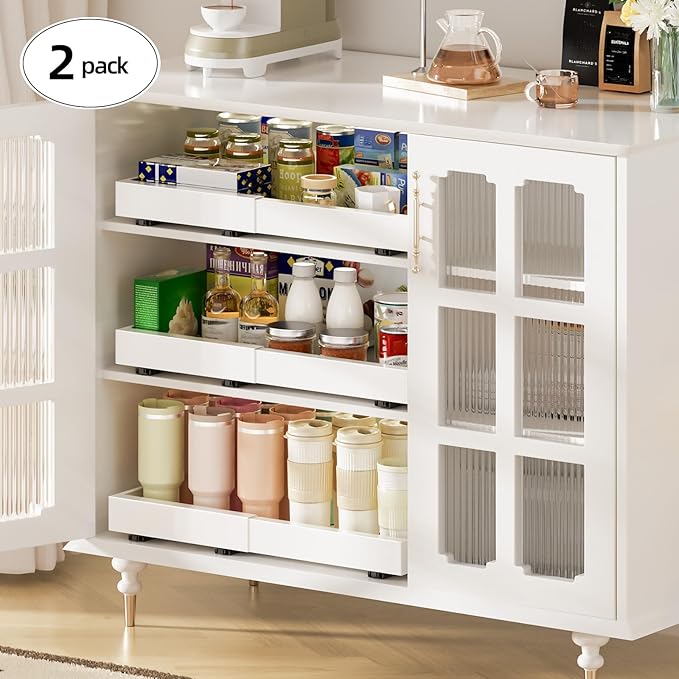 Delamu 16" Deep Pull Out Cabinet Organizer with 6 Dividers, Expandable (11.7 "-20" W) Pull Out Drawers for Cabinets, Cabinet Trays Pull Out for Cabinets in Kitchen, Pantry or Bathroom, White, 2 Pack