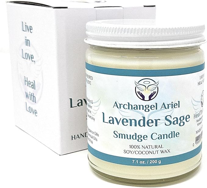 Lavender Sage Candle - Archangel Ariel Candle for Chakra Healing & Energy Cleansing - Reiki Charged White Sage Candle for Home (7 oz)