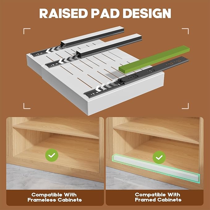 4 Pack Expandable (15.1"-26.3") Pull Out Cabinet Organizer 21" Deep With Raising Pad for Framed Cabinets,Upgrade 3 Slide Rails Slide Out Drawers,No Drill Roll Out Shelves Adhesive,White