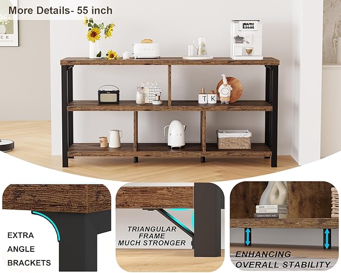 IBF 55” Bookshelf, 3 Tier Open Book Shelf, Wood Metal 5 Cube Storage Organizer, Modern Low Horizontal Bookshelf for Bedroom Living, Long Wide Office Cubby Bookcase with Storage, Rustic Brown, 55 in