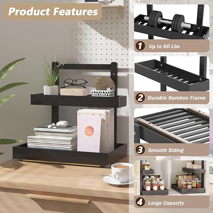 Bamboo Under Sink Organizer and Storage, 2 Tier Pull Out Cabinet Organizer, Slide Out Under Sink Storage Shelf, Undersink Organizers Shelves for Kitchen Bathroom Organization (Black, 1 Pack)
