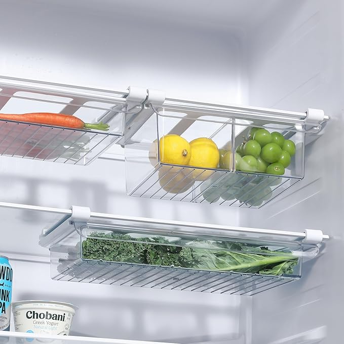 Pull-Out Fridge Drawer Organizer - Under Shelf Storage Bins for Cheese Slices, Deli Meat & Small Items - Space Saving Refrigerator Organizer (2" Height x 12.7" Width)