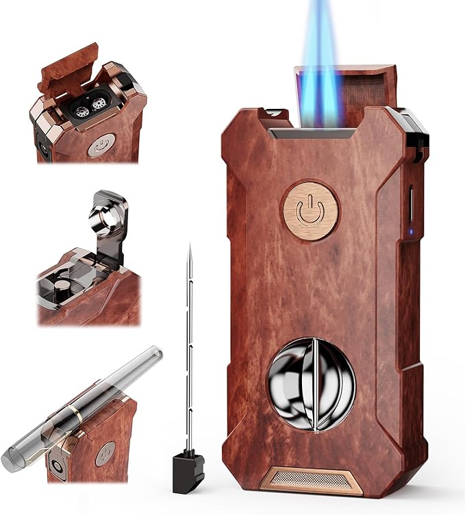 5-in-1 Torch Lighter with Tool, Holder, Punch, Draw Enhancer Tool, Double Jet Flame, Windproof Rechargeable Lighters, Versatile Gifts for Men, Refillable Butane Lighter for Candles, Travel