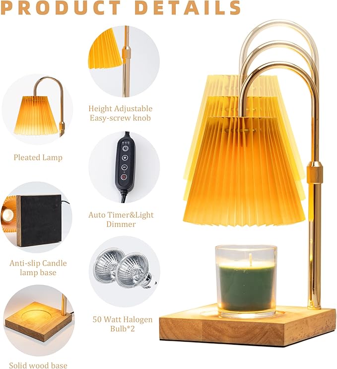 MOAFINA Candle Warmer Lamp with Timer Dimmable,Wax Warmer Lamp with Pleated lampshade,Height Adjustable Candle Warmer with 2 Bulbs,Gifts for Women Mom,House Warming Gifts New Home Bedroom Decor