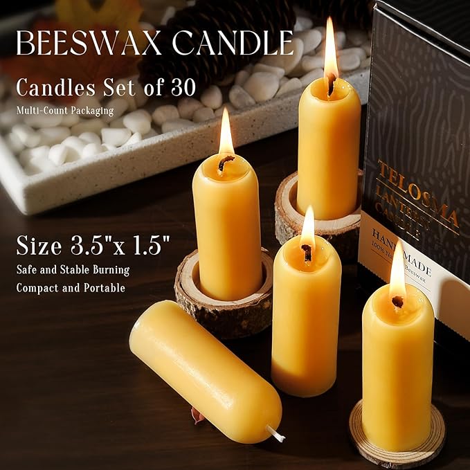 30 Pack Natural Thin Beeswax Pillar Candles - 1.3 inch Wide Dripless Bees Wax Candles, Smokeless Clean Burning for Home, Meditation, Relaxation, Emergency & Power Outages (Premium Yellow Beeswax)