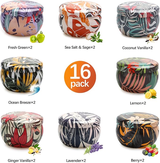 16 Pack Soy Wax Scented Candle Gift Set, Bulk Value Aromatherapy Candles with Fresh Green, Sea Salt & Sage, Coconut Vanilla, Lemon, Ocean Breeze, Vanilla, Lavender & Berry Scents – Gifts for Women