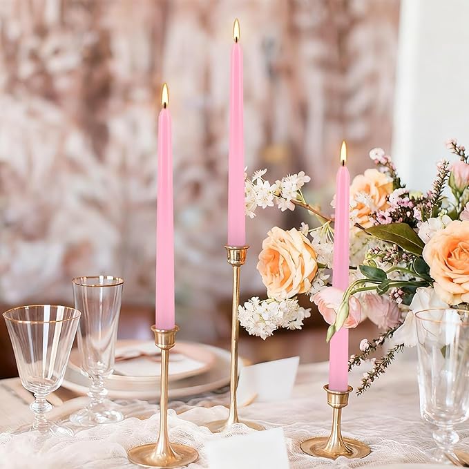 50-Pack Pink 10-Inch Taper Candles: Unscented Dripless Candlesticks with 8-Hour Burn Time - Elegant Dinner Candles for Valentine's Day, Romantic Dinners, Wedding Centerpieces, & Special Event Decor
