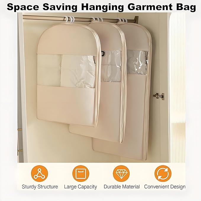 Space Saving Hanging Garment Bag with Self Compression Zipper, 2025 New Space Saver Clothes Storage Organizer, Dust Cover Clothes Bags for Down Coat Suit Dress or Jacket (Beige, L)