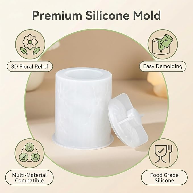 Cylindrical Embossed Flower Storage Jar Silicone Mold, Floral Design Candle Holder Mold for DIY Aromatherapy Plaster, Candles, Resin Crafts - Eco-Friendly Home Decor Gift