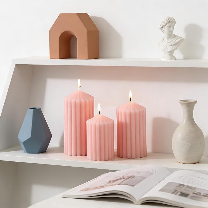 3 Pack Pink Ribbed Pillar Candles - Soy Wax Unscented Candles, 2.76x4.2/4.9/5.9 Inch Smokeless Non Toxic Cotton Wick, Perfect Spring Pillar Candles for Home Decor, Bathroom, Spa & Wedding