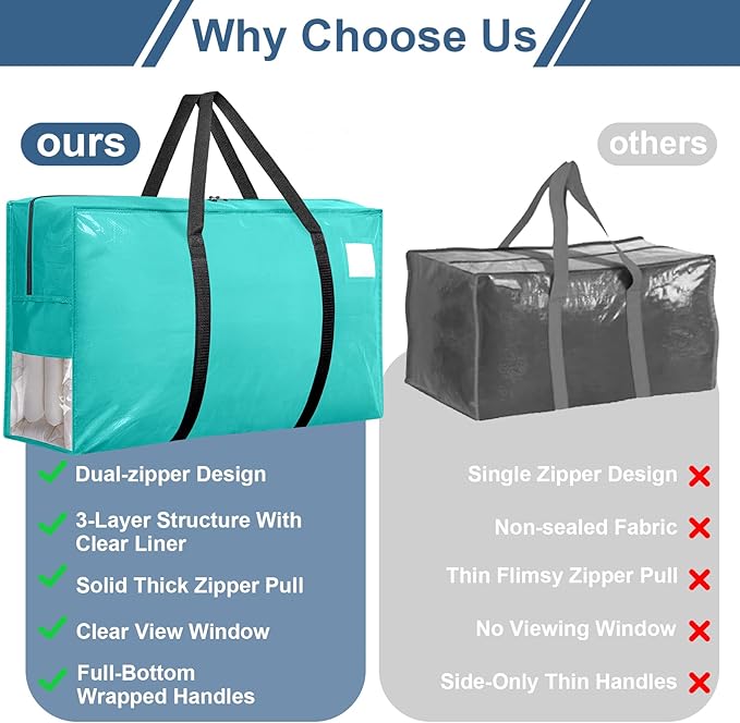 3Pcs Extra Large Heavy Duty Moving Bags with Reinforced Zippers & Handles, 67L Waterproof Storage Tote Bag Bins Alternative to Box Moving Supplies Space Saving for Travel College Dorm Essentials Multi