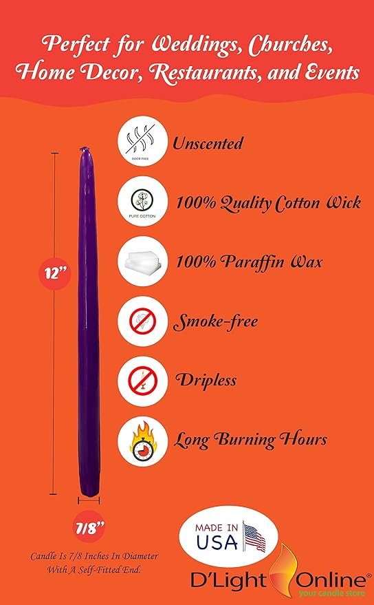 D'light Online Elegant 12" Unscented Purple Taper Candles, Premium Quality Hand-Dipped Tapered Candles, Dripless Tapers and Smokeless - Individually Wrapped (12 Inch, Purple)