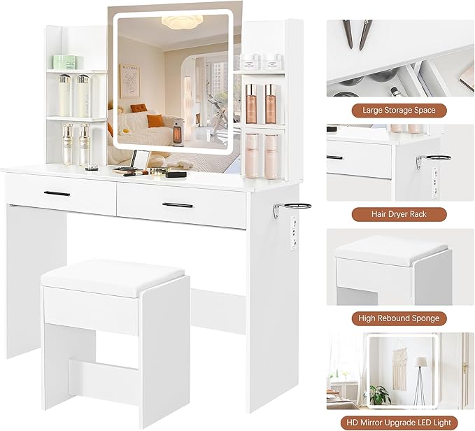 YIKEHOME Makeup Vanity Desk with Mirror and Lights, Makeup Table with 2 Large Drawers, 3 Color Modes Adjustable Bulb, Power Outlet and Round Holder, Dressing Table for Women Girls Bedroom