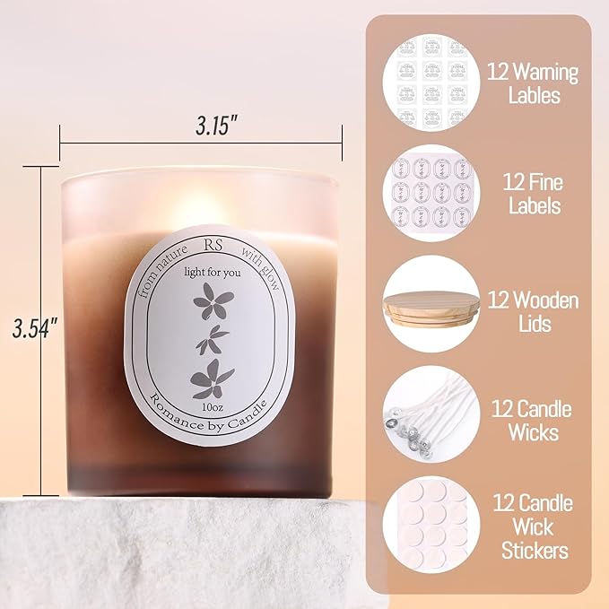 REISEN 12Pcs Gradient Amber Candle Jars for Making Candles, 10oz Glass Jars with Bamboo Lids, Candle Wick Kit and Sticky Warning Labels, Candle Containers Vessels for DIY Gifts