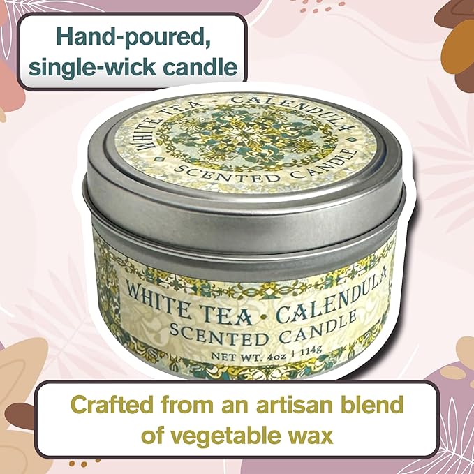 Greenwich Bay Hand-Poured Scented Candle in Decorative Tin – 4 oz/114 g Travel Candle with Lead-Free Wick, Vegetable Wax, Long-Burning Aromatherapy Gift, Single Wick – Made in USA (White Tea)