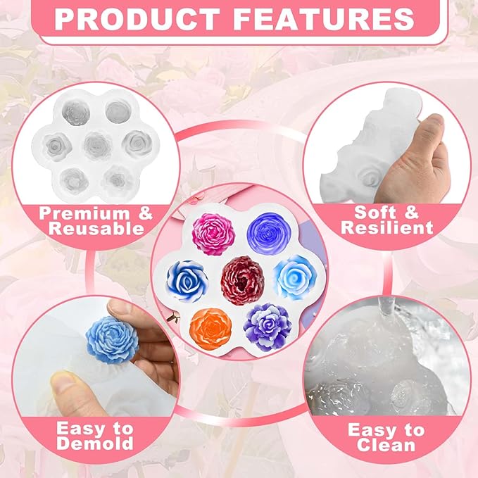 7 Cavity Flower Silicone Molds, Flower Candle Molds for Candle Making, Rose Peony Fondant Molds for Jelly Chocolate Mousse Cake Decorating Scented Candles Soaps Making, Wax, Resin Casting Crafts