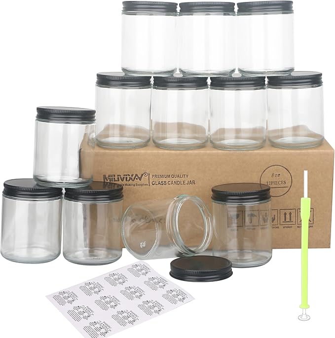 MILIVIXAY 12 Pack 8 OZ Thick Glass Clear Candle Jars with All Black Metal Lids-Bulk Empty Candle Jars for Making Candles-Canning Jar for Spice, Liquid, Sample- Dishwasher Safe.