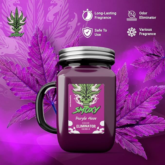 Smoxy Smoke Odor Eliminator Candle - Scented Candle for Home - Indoor Space Deodorizer & Air Freshener with Fragrance Pet Smell - Natural Palm Wax - Glass Mason Jar, 13oz. (Purple Haze)