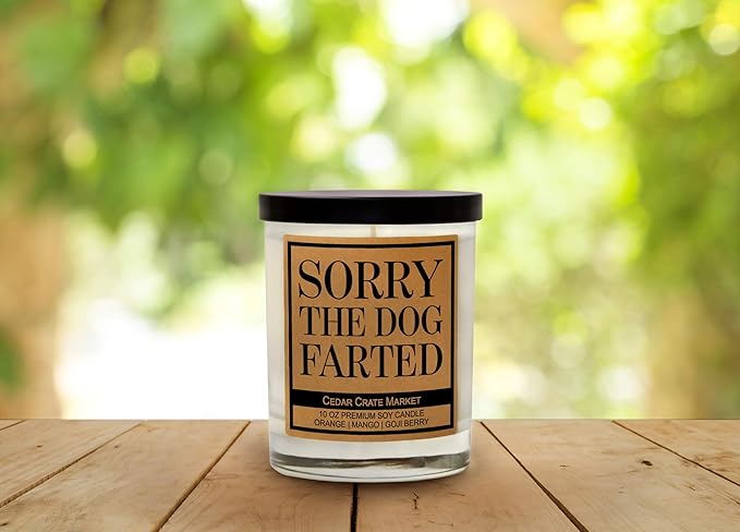 Cedar Crate Market Funny Dog Candle - “Sorry The Dog Farted” Soy Candle | Pet Odor Eliminator Gift | Orange Mango Goji Berry Scented| Hand-Poured USA Made, Pet Owner Gift, Housewarming, Gag