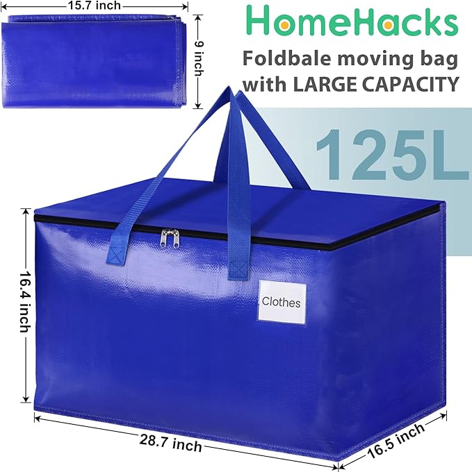 HomeHacks Moving Bags Heavy Duty with Strong Zippers and Handles Collapsible Moving Supplies, Storage Totes for Packing & Moving Storing 125L,10-Pack, Blue