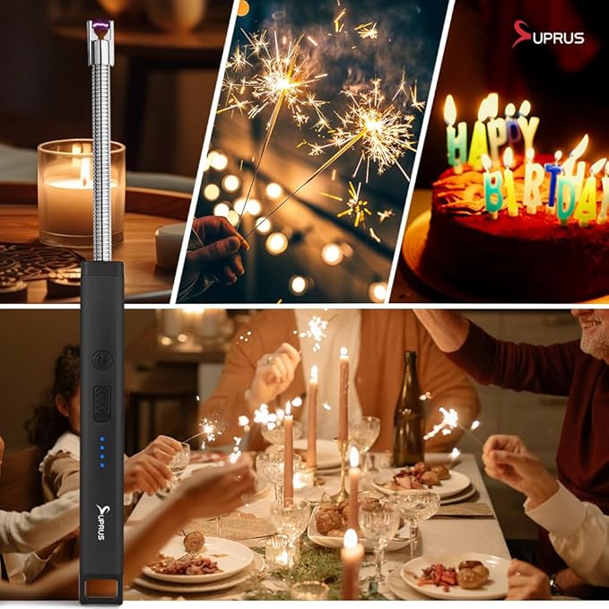 SUPRUS Rechargeable Candle Lighter Electric Arc Triple Safety Long Lighter Stainless Steel Shell & Hanging Hook (Black)