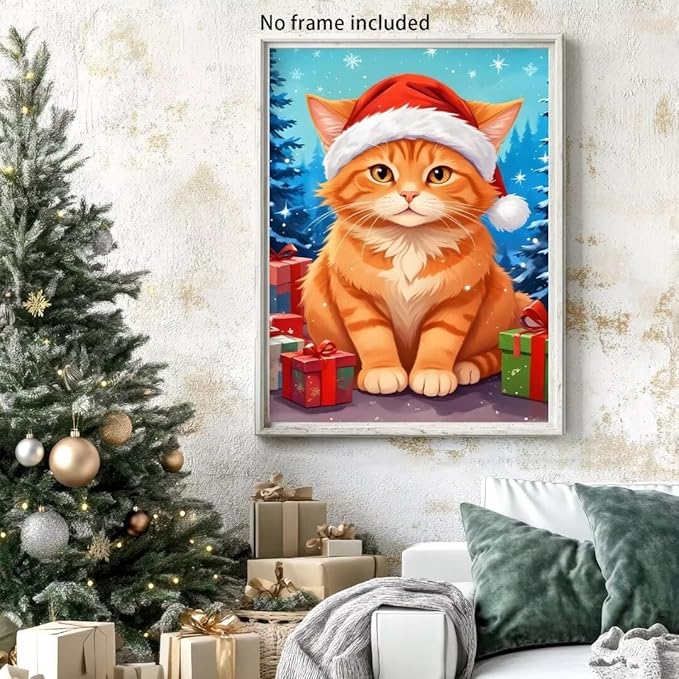 QZOTRXI Christmas Cat Diamond Painting Kits, Cat Winter Diamond Art Kits for Adults, Animal 5D Diamond Art Painting, DIY Round Diamond Dot for Home Wall Decor Gifts 16x20 Inch