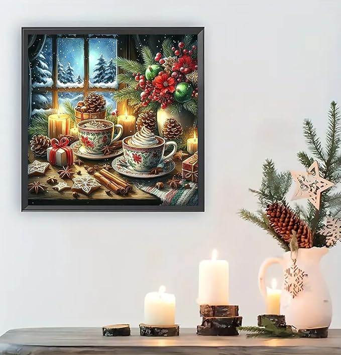 Christmas Family Candle Cup Diamond Art Kits for Adults, 5D Diamond Painting Kits for Adults Beginners, DIY Full Round Drill Diamond Dot Painting Gem Art Kits for Adult, Home Wall Decor 13.8x13.8 Inch