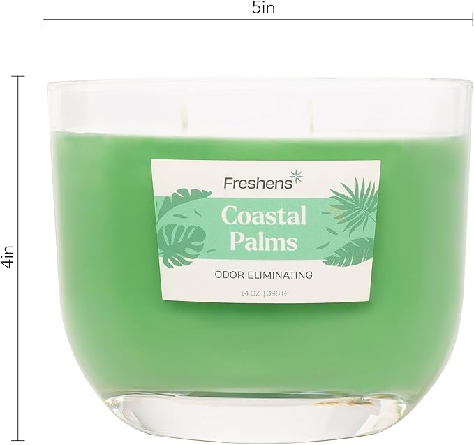 Carolina Freshens Coastal Palms Odor Eliminating Highly Fragranced Candle for Home Scented, Eliminates 90% of Pet, Smoke, Food and Other Smells Quickly, 2 Wick, 14 oz - Made in The USA