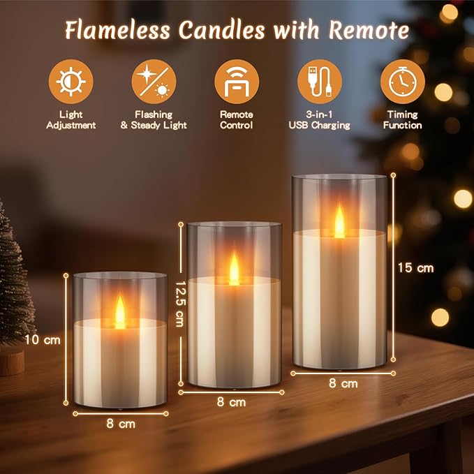 3PC Rechargeable Led Candles, Flameless Flickering with Remote & Timer, with Real Wax Candle in Glass Warm Color Light, Lasting for 200+ Hours for Festival, Party, Bedroom, Living Room Decor. Gray