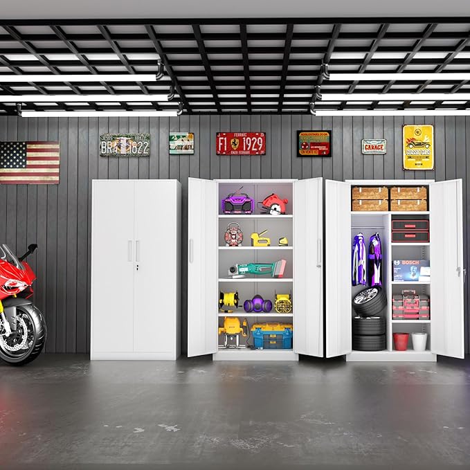 Superday Metal Storage Cabinets, 71" Steel Storage Cabinet with Lock, Tall White Cabinet with 2 Doors and 4 Adjustable Shelves for Garage, Home Office, Classroom, File, Easy Assemble