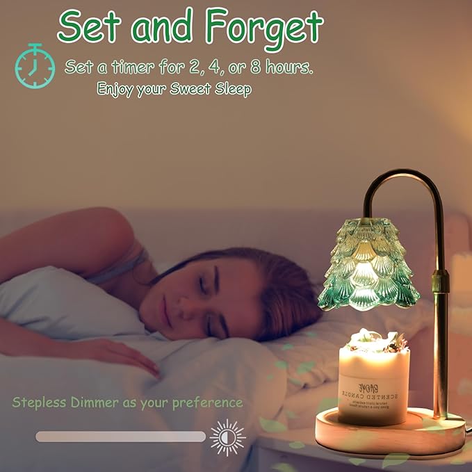 Chritsmas Tree Lampshape Candle Warmer Lamp with Adjustable Height, Aroma Candle Warmer with Timer and Dimmer, Wooden Base Glass Wax Warming Lamp, Women's Gifts (Tree Green)