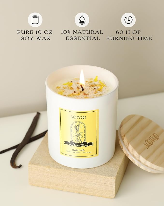 AOOVOO Vanilla Scented Candles for Women - Aromatherapy Candle with Crystals Inside, 10oz Soy Candles for Home Scented, Birthday Gifts Valentines Day Candle for Women Mom