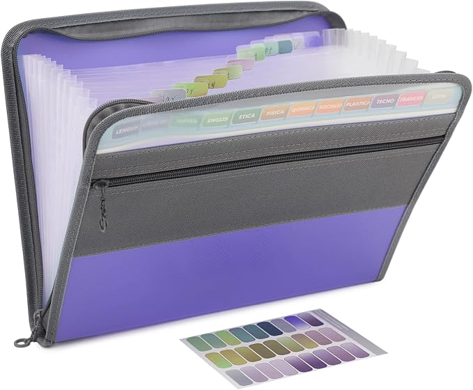 NAFY Accordion File Organizer, 13 Pockets Expanding File Folder with Zipper, A4 Letter Size Portable Accordion Expanding File Folders with 27pcs Multicolor Labels for Office School Supplies (Lavender)