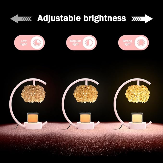 Yeuslor Pink Candle Warmer Lamp for Jar Candles with Adjustable Brightness＆Timer，Handcrafted Crystal＆Wooden Base,Candle Lamp Luxurious Design+2Bulbs,Home Decoration Electric Candle lamp(C-Shaped)