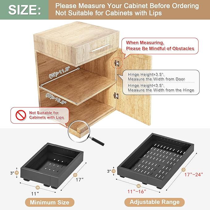 2Pc Pull out Cabinet Organizer,Width (11"-16"),Depth(17"-24") Expandable with 3 Rails,No Drill Roll out Drawers,Adhesive Sliding Drawers,Slide out Shelves for Cabinets Without Lip,Kitchen,Pantry,Black
